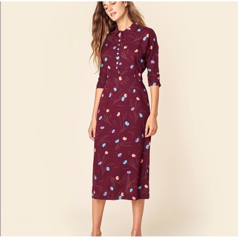 Christy Dawn | The Deyko Dress XS Abstract Print Midi Button Front Plum Burgundy